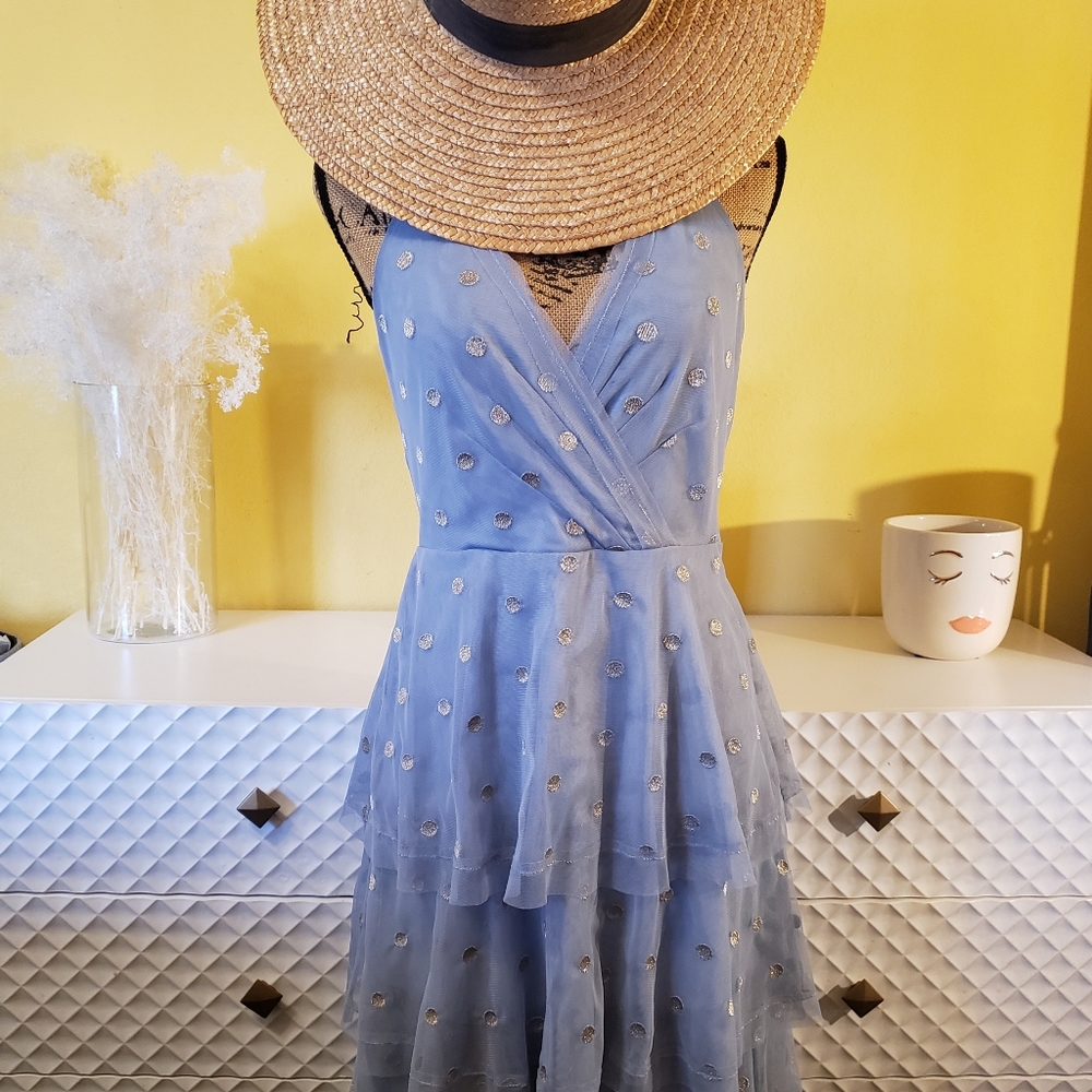 BCBG Maxazria Size 6 Blue with Silver Polka Dots